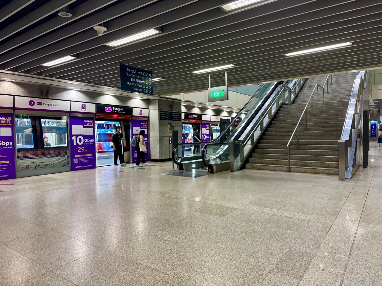 Passenger alighting from a train at Punggol MRT station in the evening.