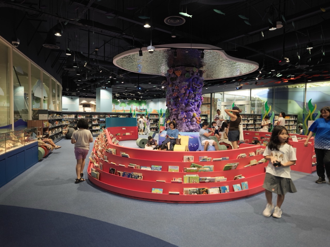 Interior design of the children's reading and biodiversity section inside the National Library Building in Singapore