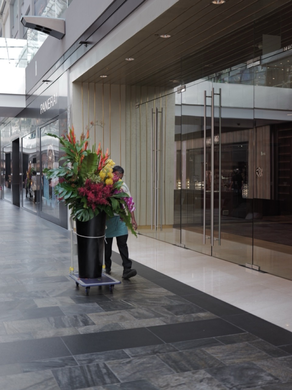 A floral display being moved at The Shoppes at Marina Bay Sands, Singapore.