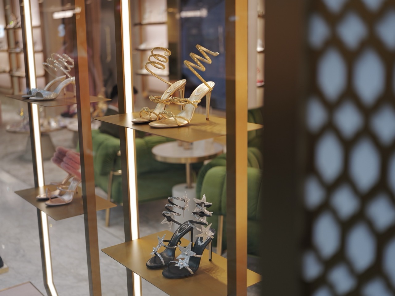 High-heeled shoes displayed in a shop at Marina Bay Sands, Singapore.