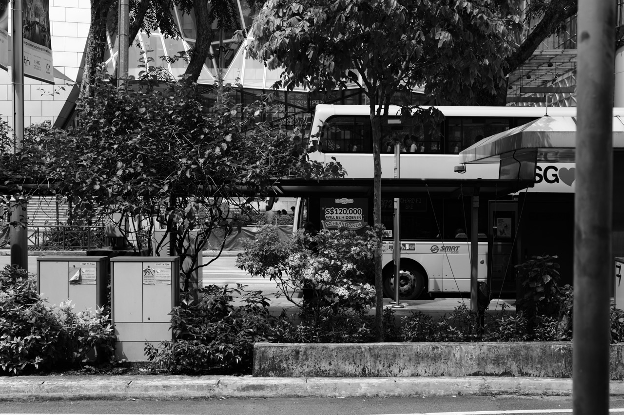 Bus stop and public bus on Orchard Road opposite Wisma Atria in Singapore.