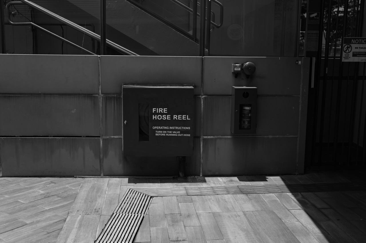 Fire hose cabinet inside Waterway Point in Punggol, Singapore.