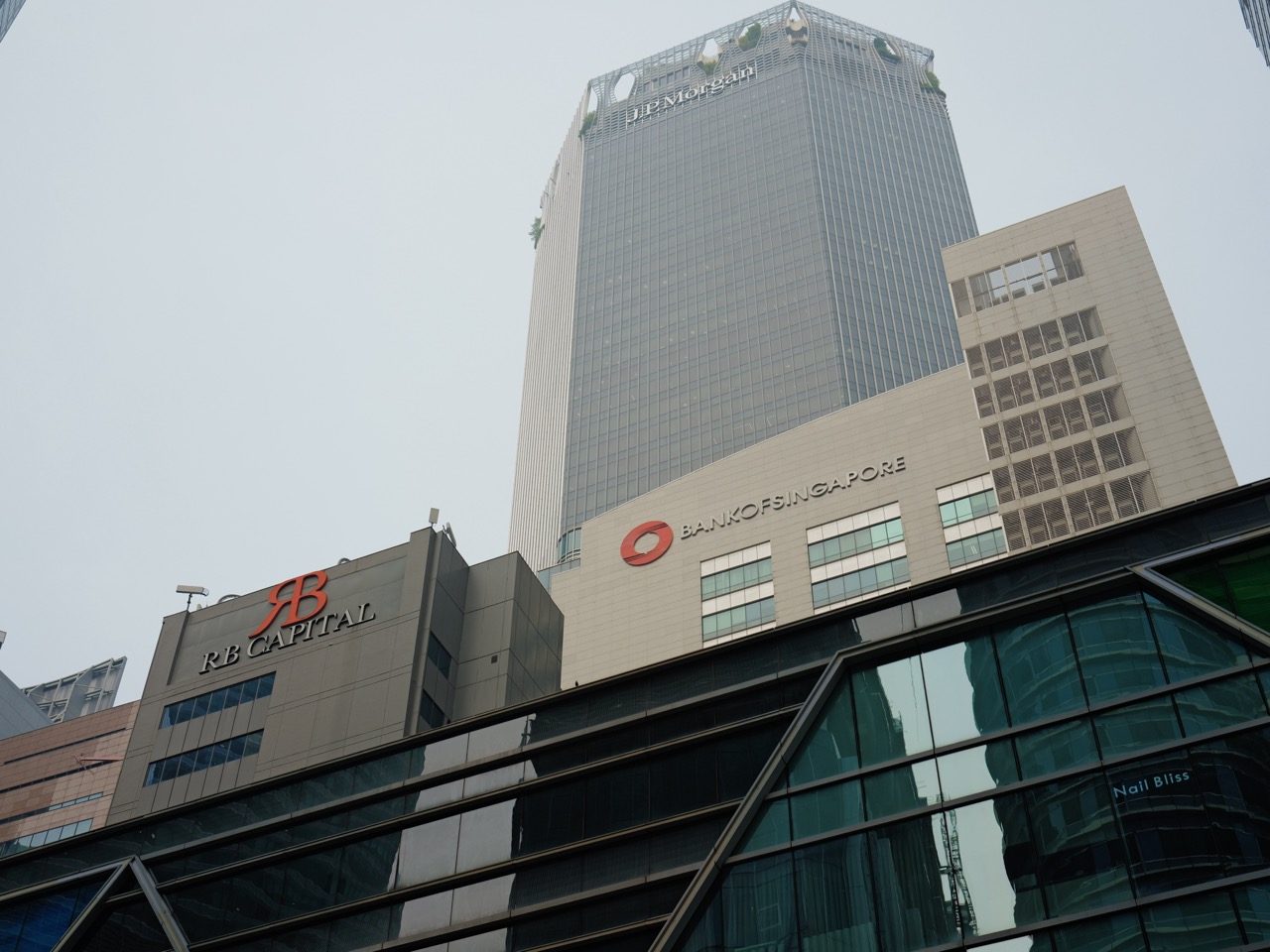 Bank of Singapore and JPMorgan office buildings in Singapore's central financial district.