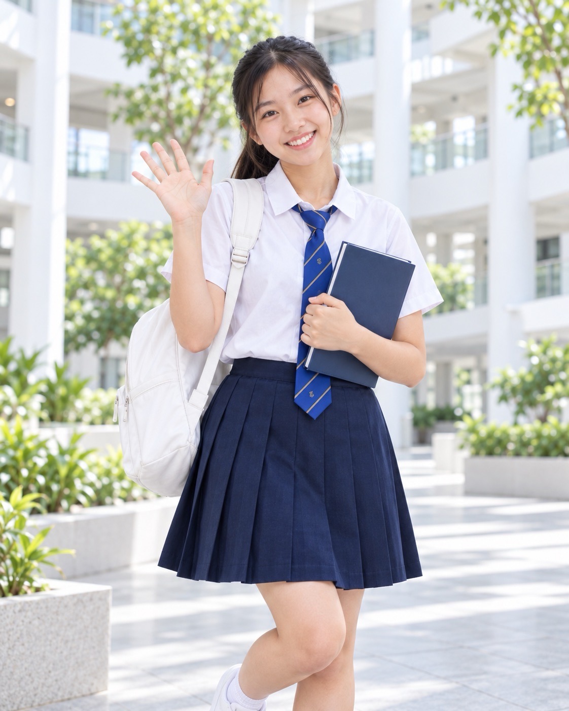 Student in a navy skirt and tie holds a notebook and raises a fist in a bright corridor.