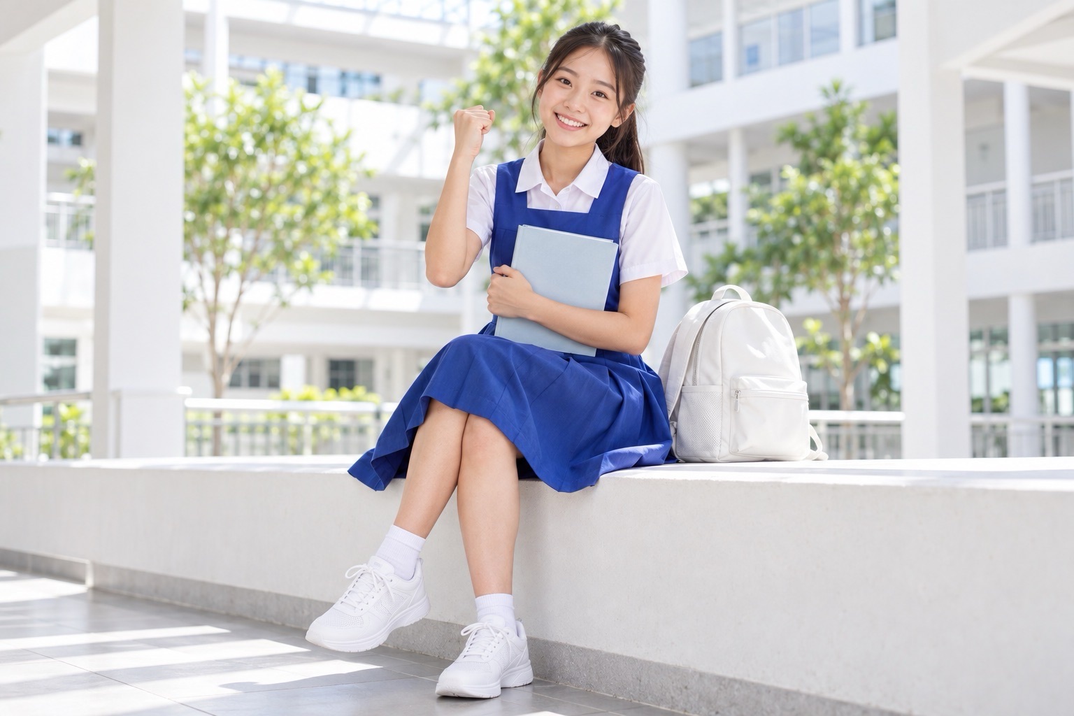 Student in a blue pinafore holds a notebook and raises a fist while seated beside a white bag.