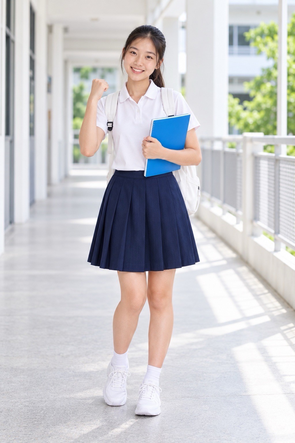 Student holds a blue notebook and raises a fist while standing in a bright corridor.