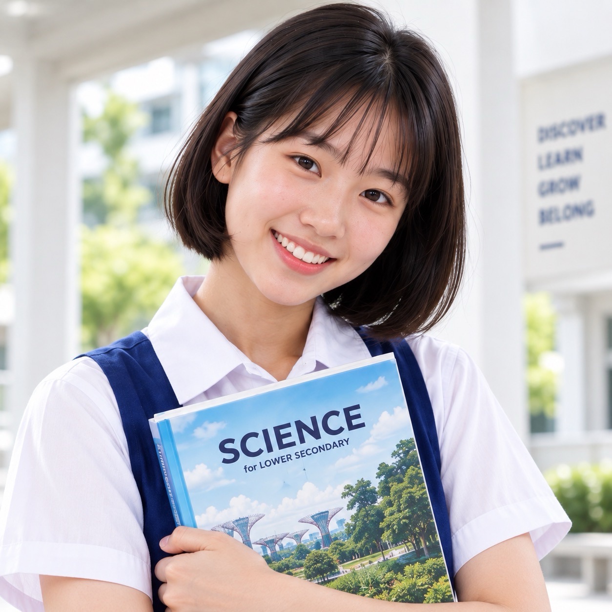 Student with short hair in a blue pinafore smiles while holding a Science textbook.