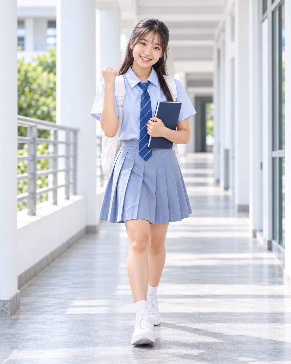 Student in a light-blue skirt and striped tie holds a notebook and raises a fist in a corridor.