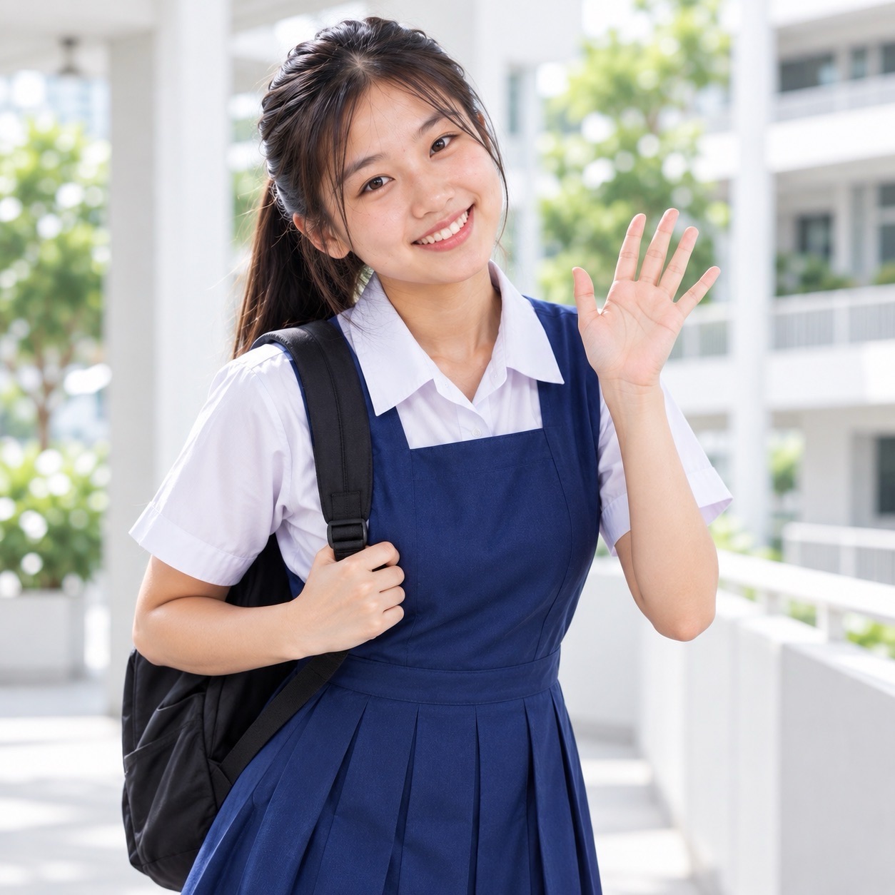 Student in a blue pinafore holds a backpack strap and waves in a bright corridor.