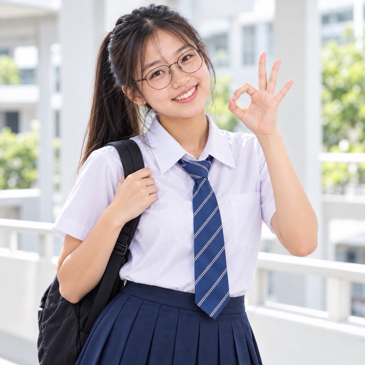 Student wearing glasses and a striped tie makes an OK gesture while holding a backpack strap.