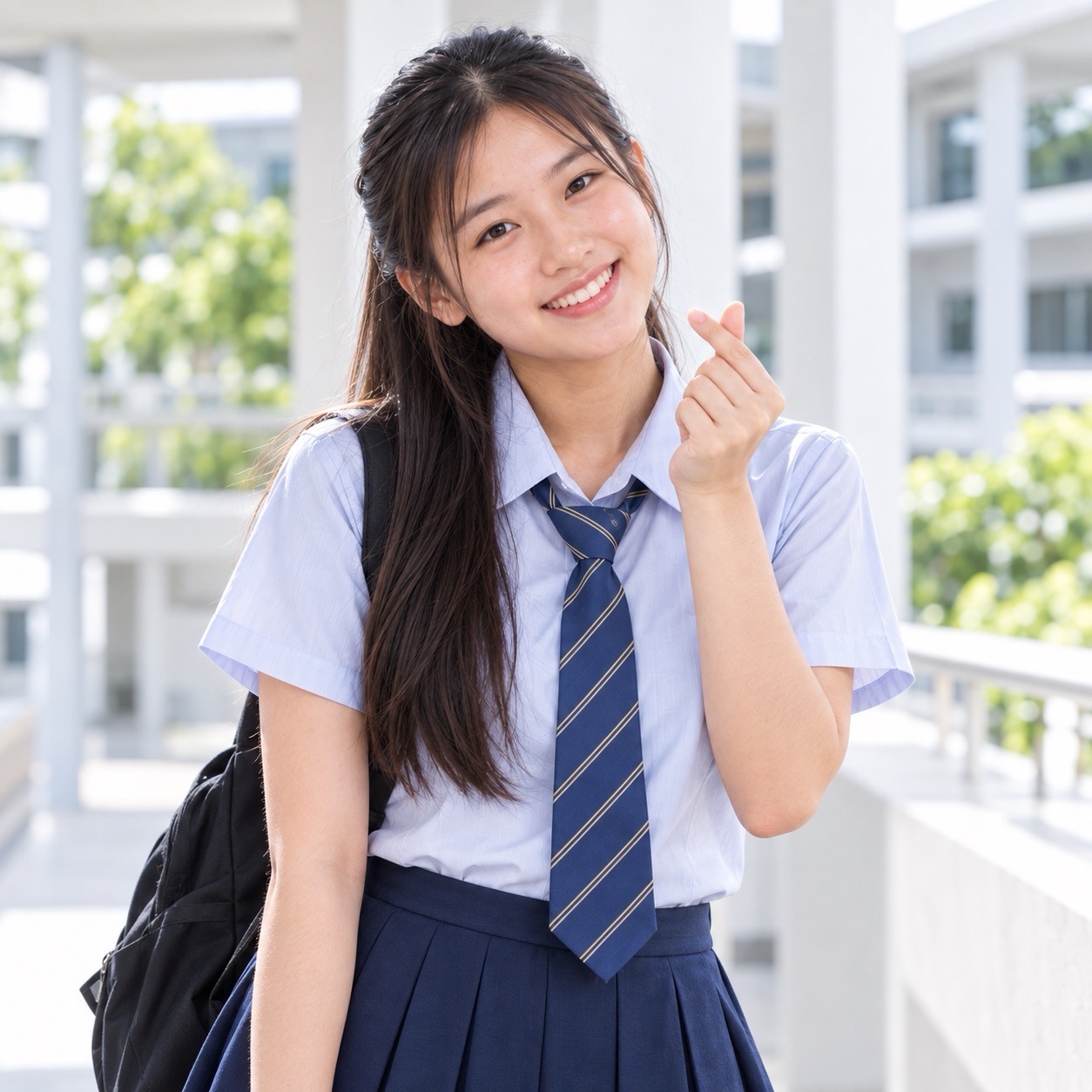 Student wearing a blue shirt and tie makes a finger-heart gesture in a bright corridor.