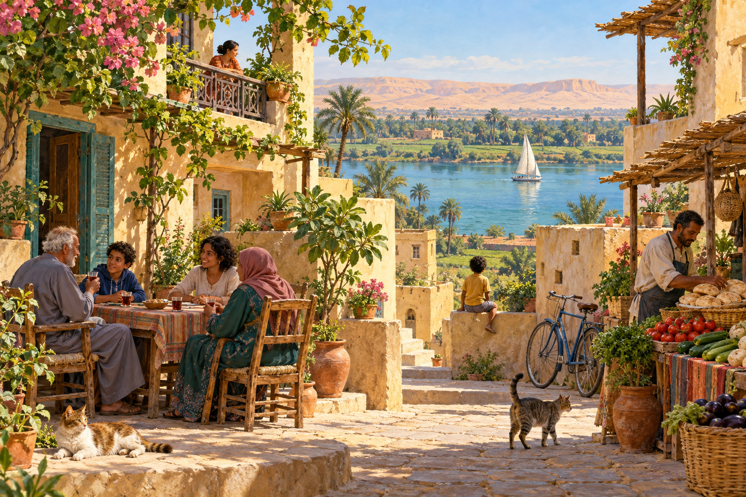 Original AI-generated nonliteral illustration of neighbours conversing and a bread-and-produce stall in an Egyptian-inspired riverside courtyard, with a bicycle and distant sailboat.