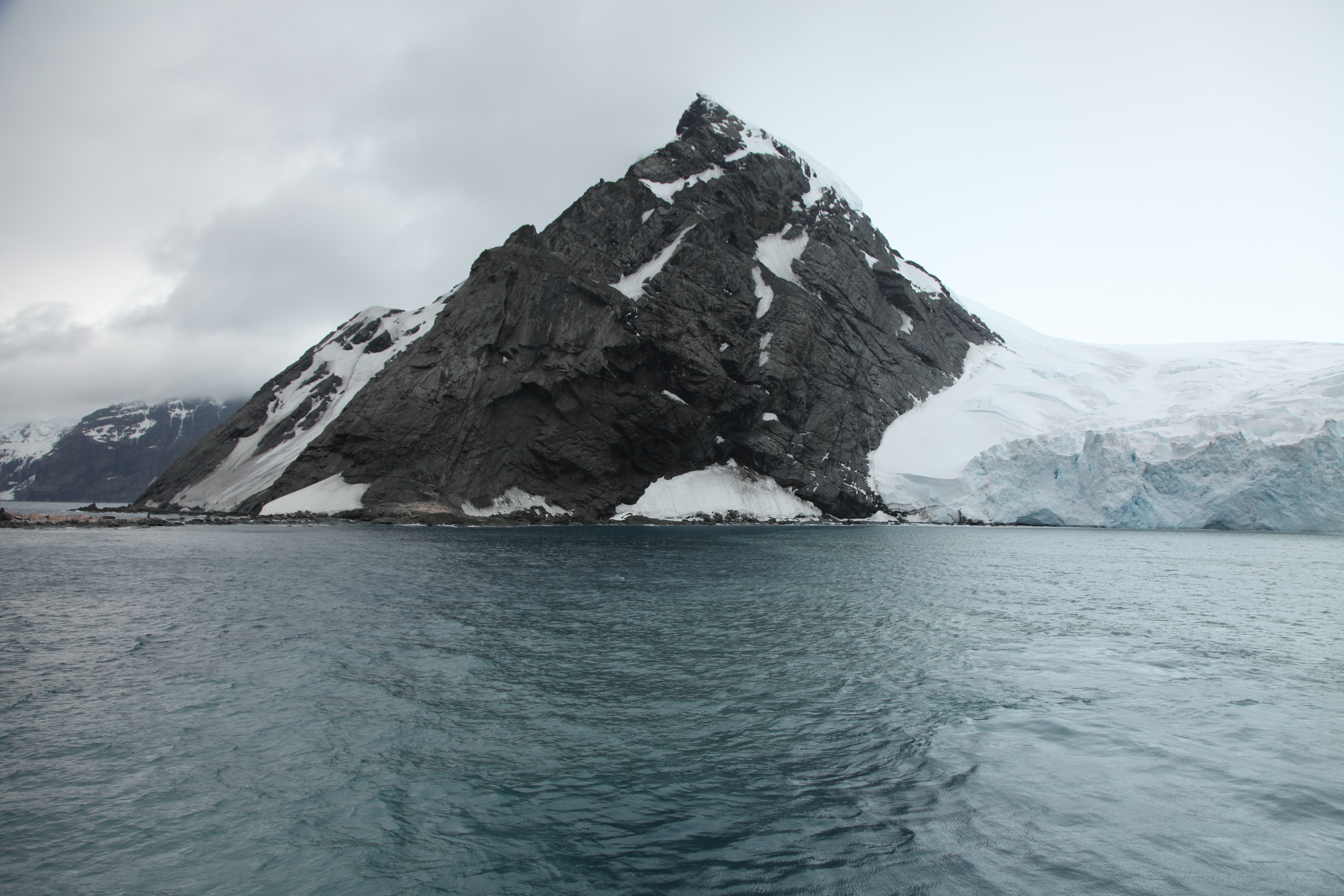 Rugged snow-covered black-rock coastline and coastal glacier near Point Wild on Elephant Island, photographed from the sea