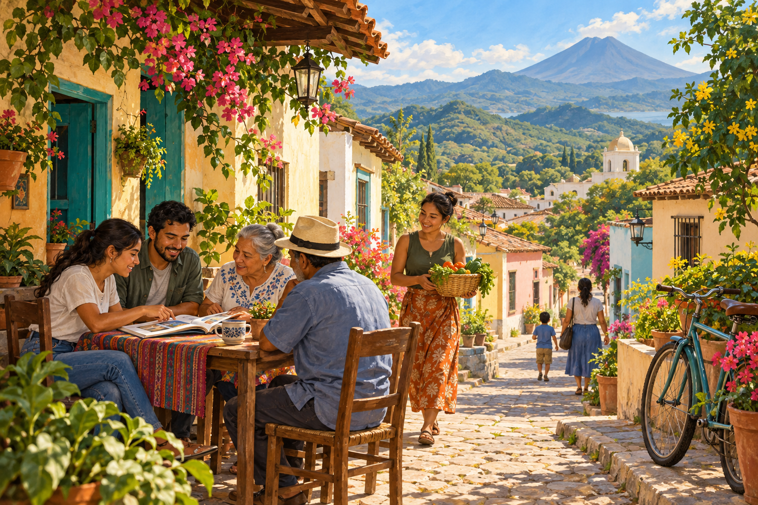 Original AI-generated nonliteral illustration of neighbours sharing a book in a Salvadoran-inspired town street, with a produce basket, bicycle and distant green volcanic hills.