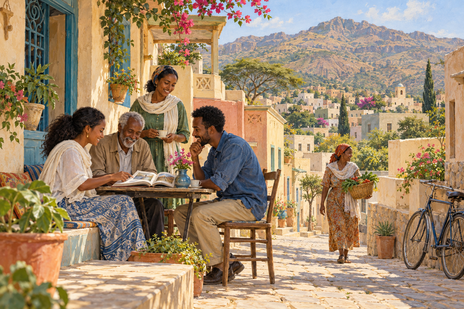 Original AI-generated nonliteral illustration of neighbours sharing a book in an Eritrean-inspired highland town, with a produce basket, bicycle and distant mountain ridge.