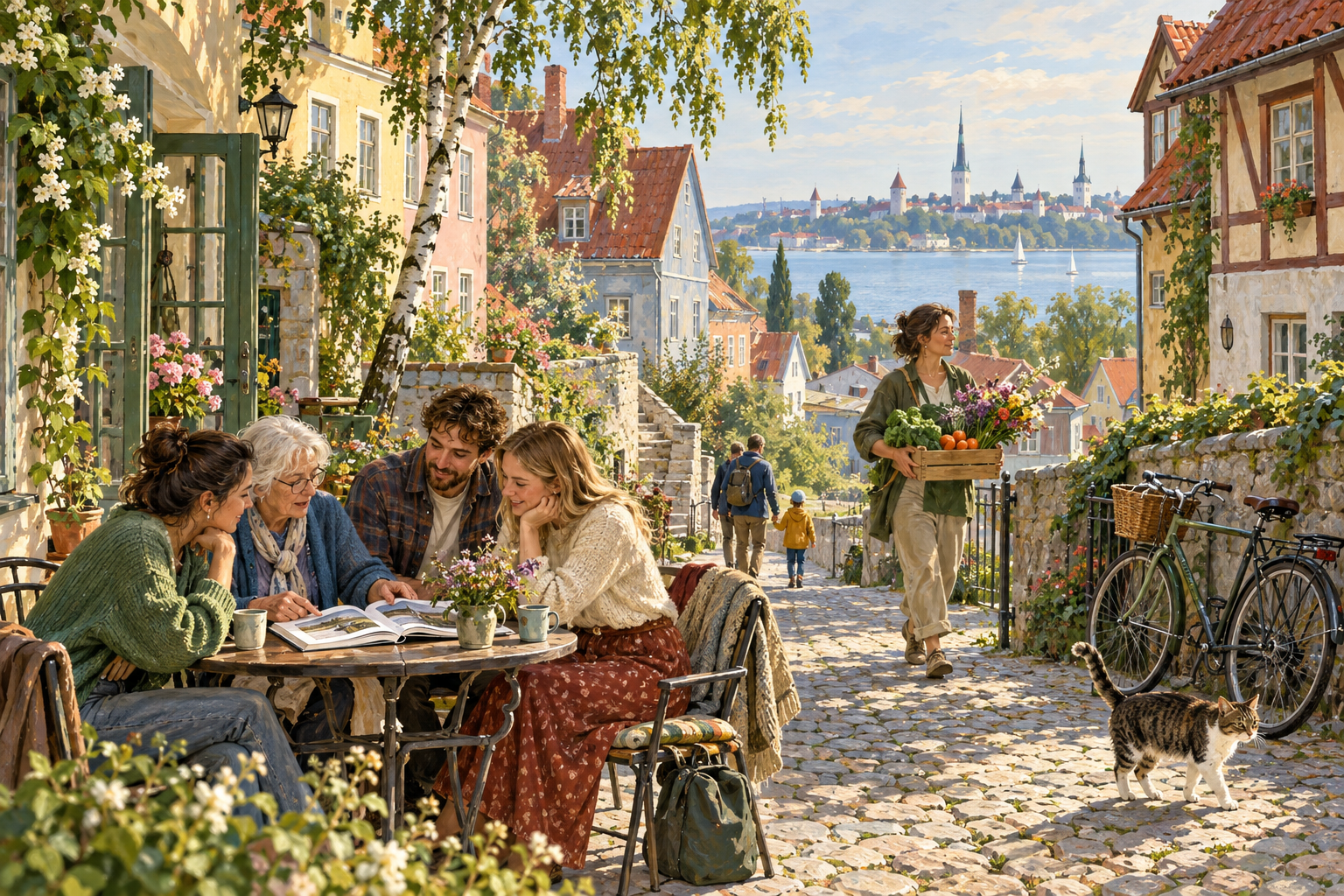 Original AI-generated nonliteral illustration of neighbours reading together in an Estonian-inspired Baltic town, with bicycles, flowers and a distant waterfront.