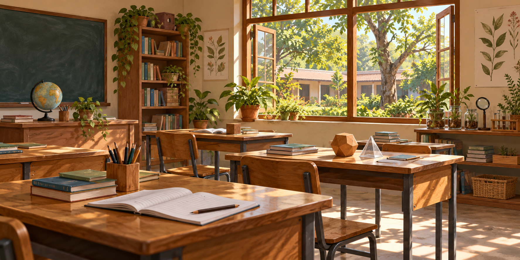 AI-generated illustration of an imagined learning room with books, geometric models and a botany corner beside a leafy courtyard.
