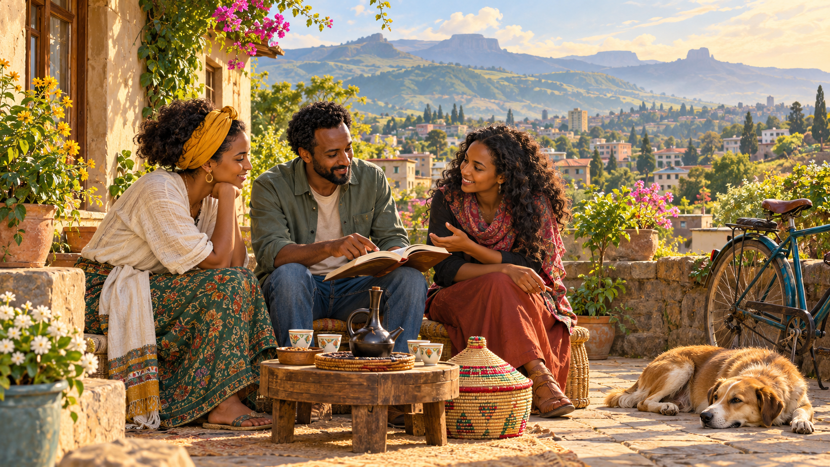 AI-generated nonliteral illustration of three adults sharing a book in an Ethiopian-inspired highland courtyard, with coffee cups, a woven basket, bicycle and resting dog.