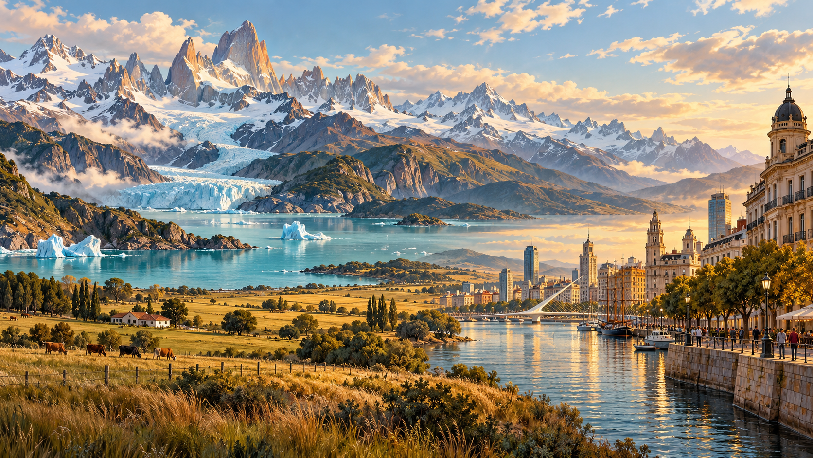 Illustrated composite of snowy Patagonian mountains, a glacier and turquoise lake, golden Pampas fields with cattle, and a Buenos Aires-inspired waterfront with pedestrians.