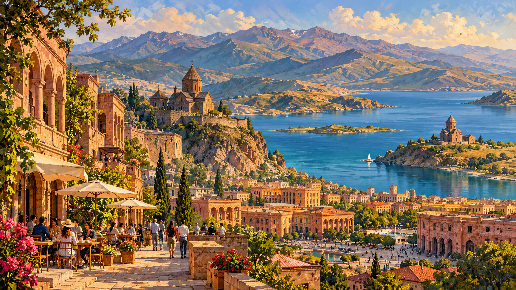 Painterly composite of Armenian highlands and a blue lake, medieval stone churches, and a rose-tuff city with people strolling and dining outdoors.