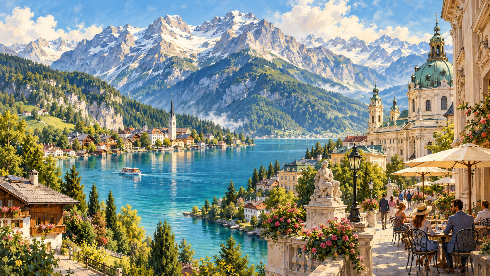 Painterly Austrian composite with Alpine peaks, a blue lake, forested slopes, village roofs and Vienna-inspired architecture beside a cafe terrace.