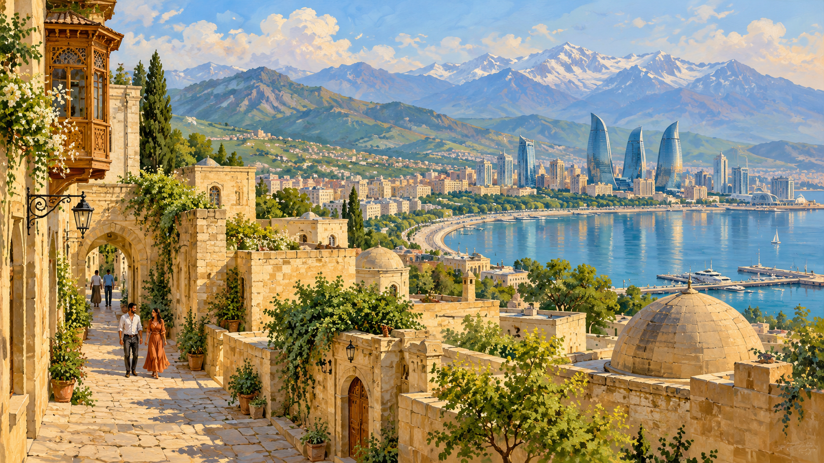 Painterly imagined panorama of Azerbaijan, with sandstone old-city lanes, people walking, the blue Caspian waterfront, a modern Baku-inspired skyline, green foothills and distant Caucasus mountains.