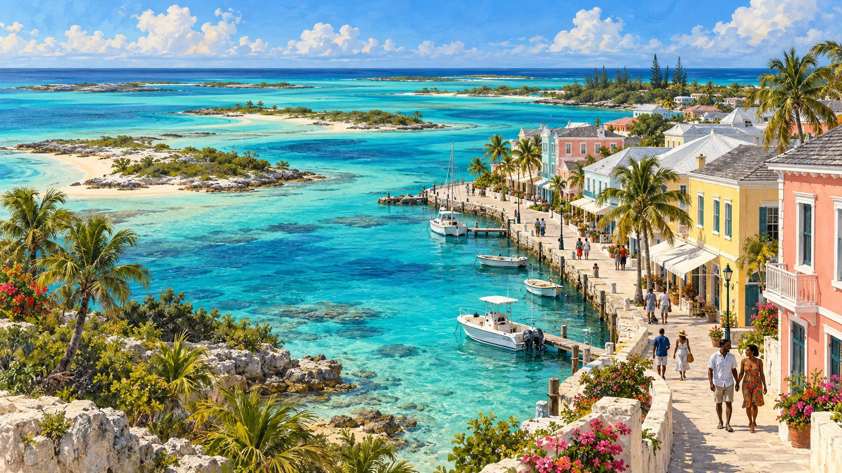 Painterly composite of turquoise Bahamian shallows and low cays beside a pastel waterfront, with small boats, palms and people walking.