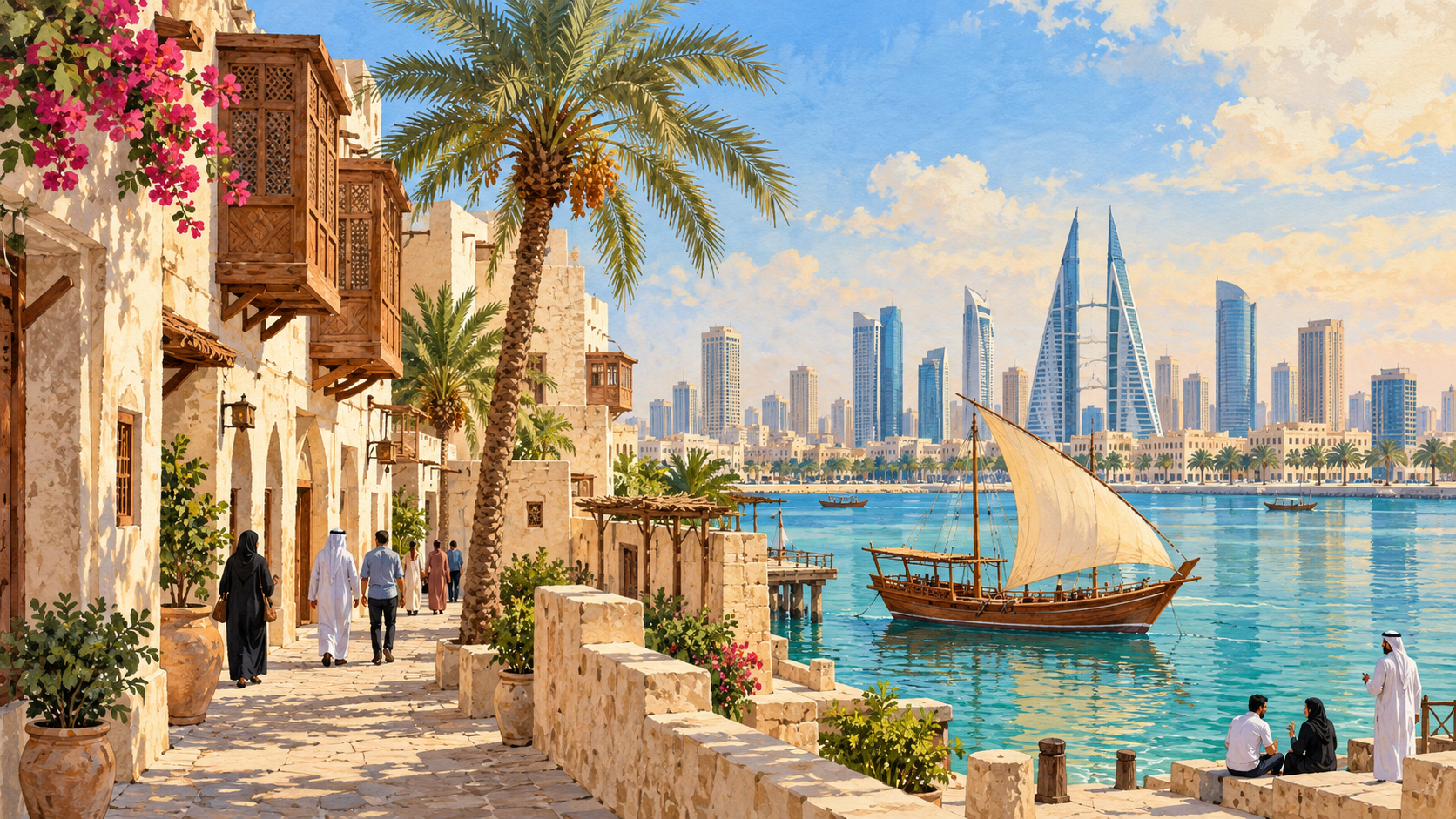 Painterly Bahrain-inspired waterfront with warm stone lanes, date palms, everyday residents, a traditional wooden dhow and a contemporary skyline.
