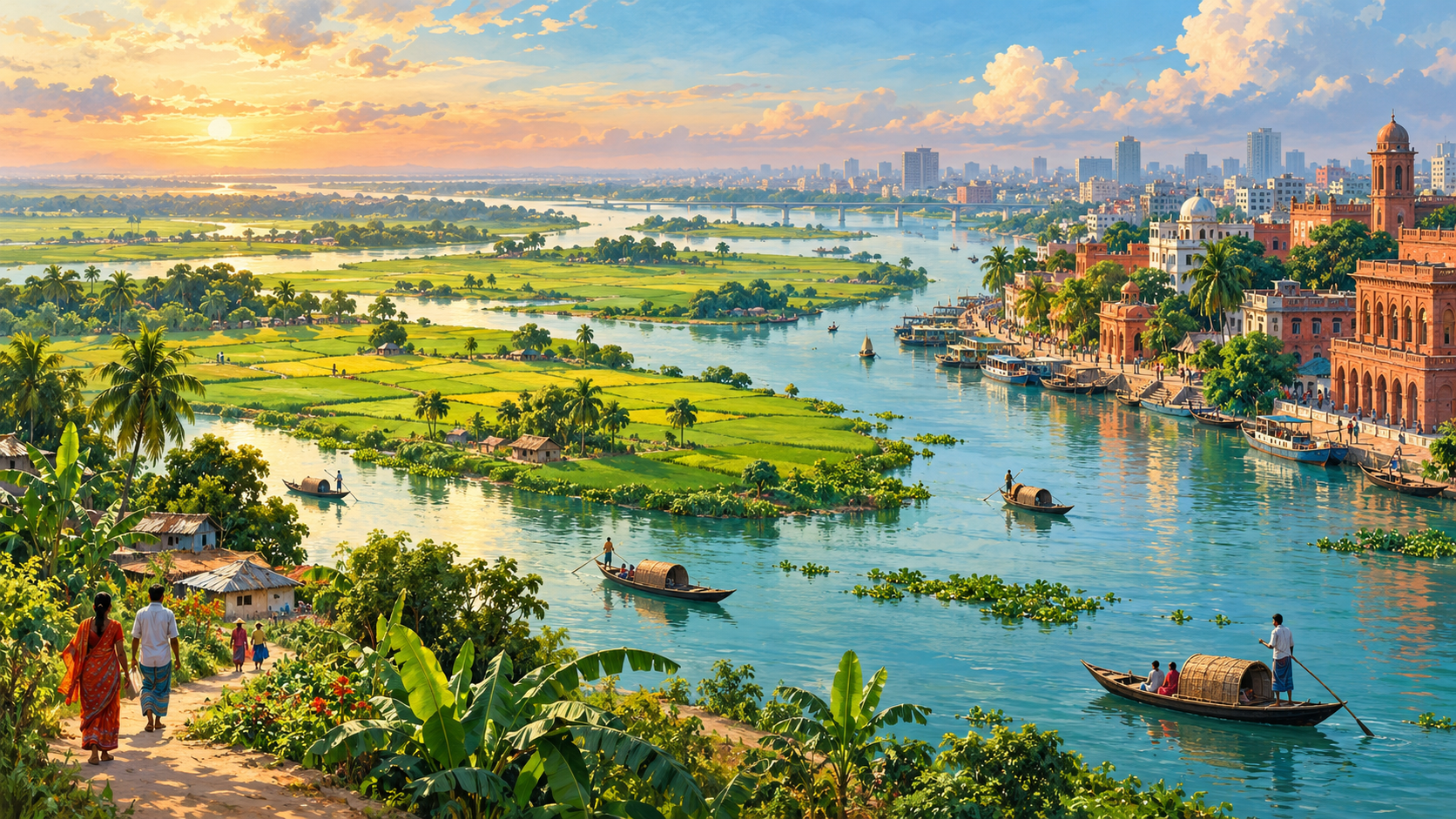 Painterly composite of the green Bangladesh river delta, wooden boats, cultivated fields and a terracotta waterfront with people walking and boating.