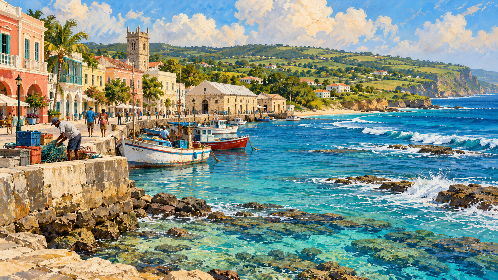 Painterly Barbados-inspired waterfront with pastel buildings, working fishing boats, residents, turquoise surf over rocky shallows, and green cultivated land.