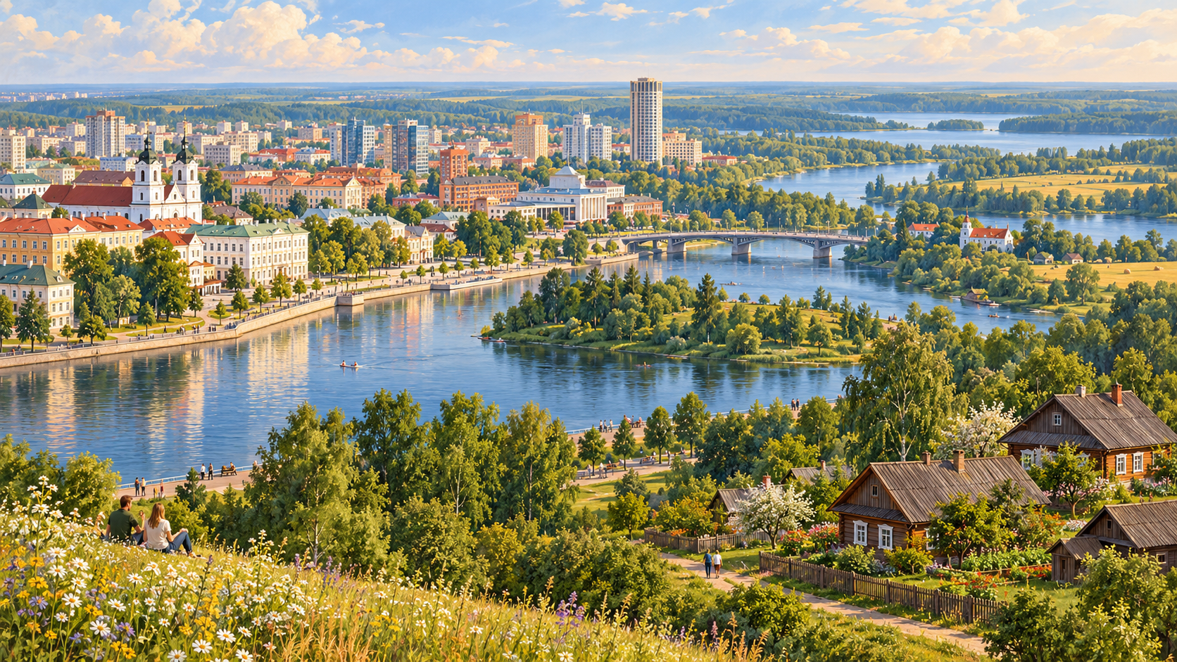 Painterly panorama of a Belarus-inspired riverfront city, blue lakes, green forests and fields, with wooden homes and people in the foreground.