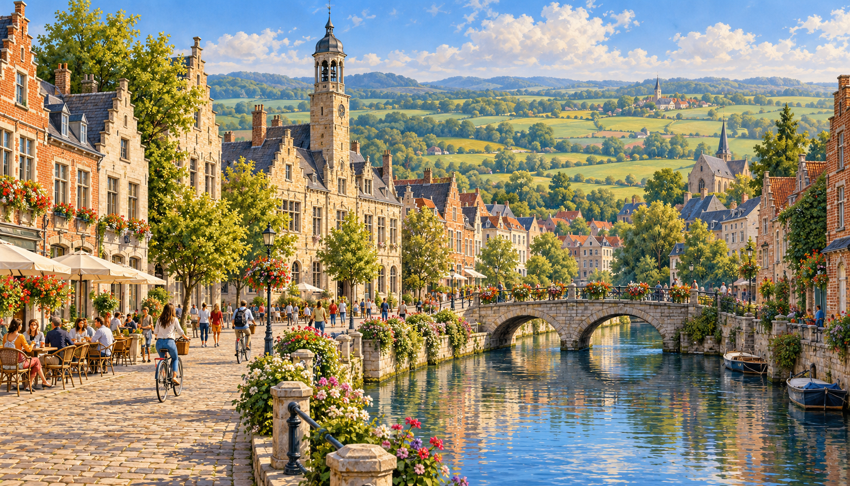 Illustration of a Belgian-inspired canal town with gabled buildings, a stone bridge, people walking and cycling, and green countryside.