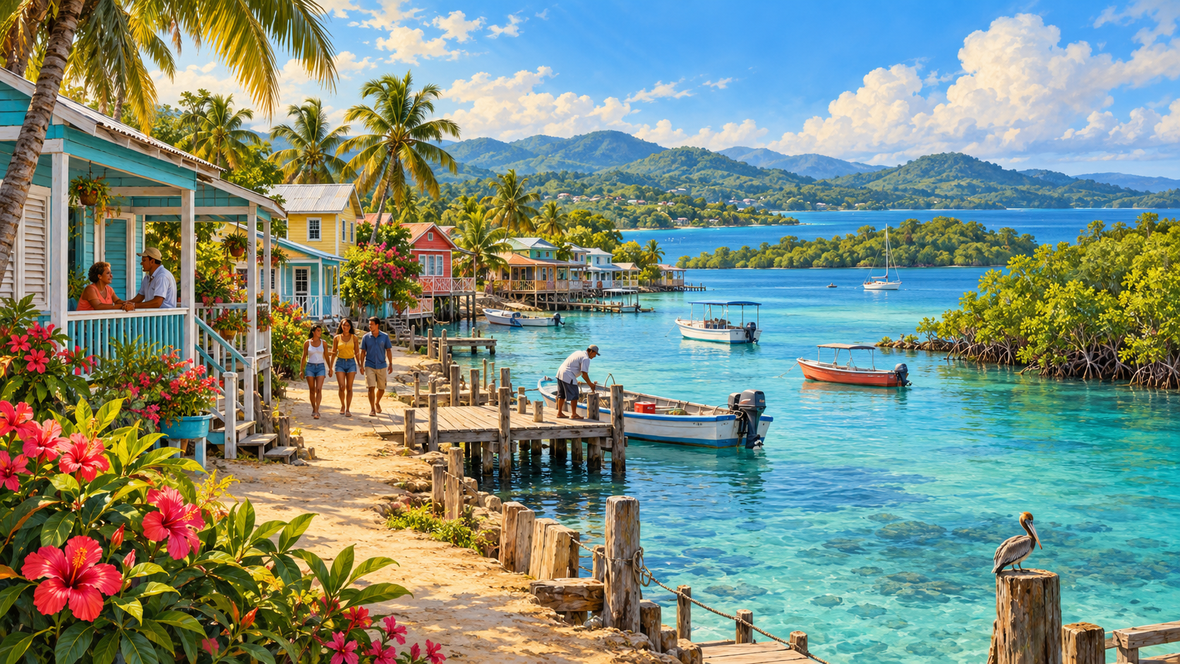 Illustration of a Belize-inspired waterfront with colorful wooden houses, people, small boats, a turquoise lagoon, mangroves and green inland hills.