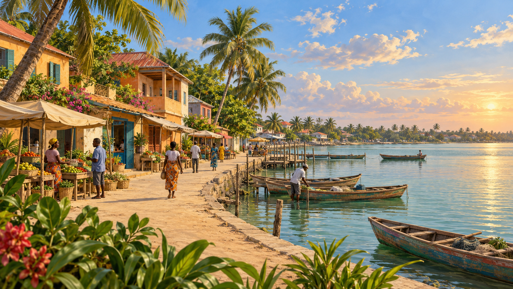 Illustration of a Benin-inspired lagoonside town with warm-colored buildings, palm trees, produce stalls, people going about daily life and small wooden boats.