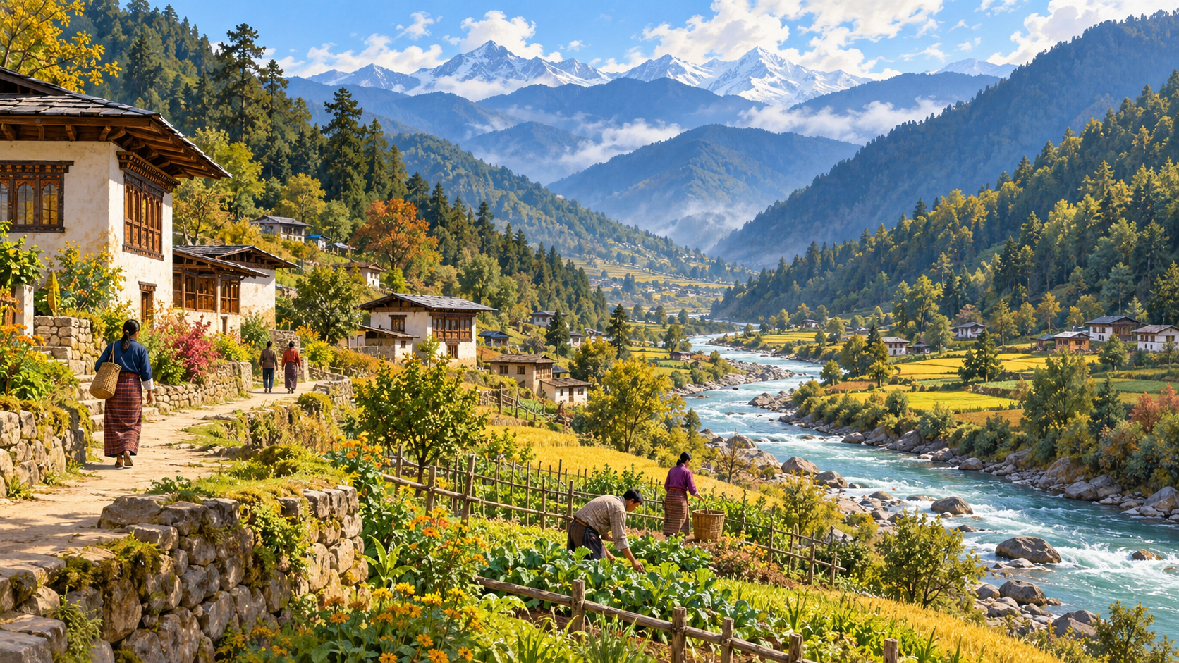 Illustration of a Bhutan-inspired Himalayan valley with forested slopes, a winding river, pale traditional-style homes, cultivated fields and people walking and gardening.