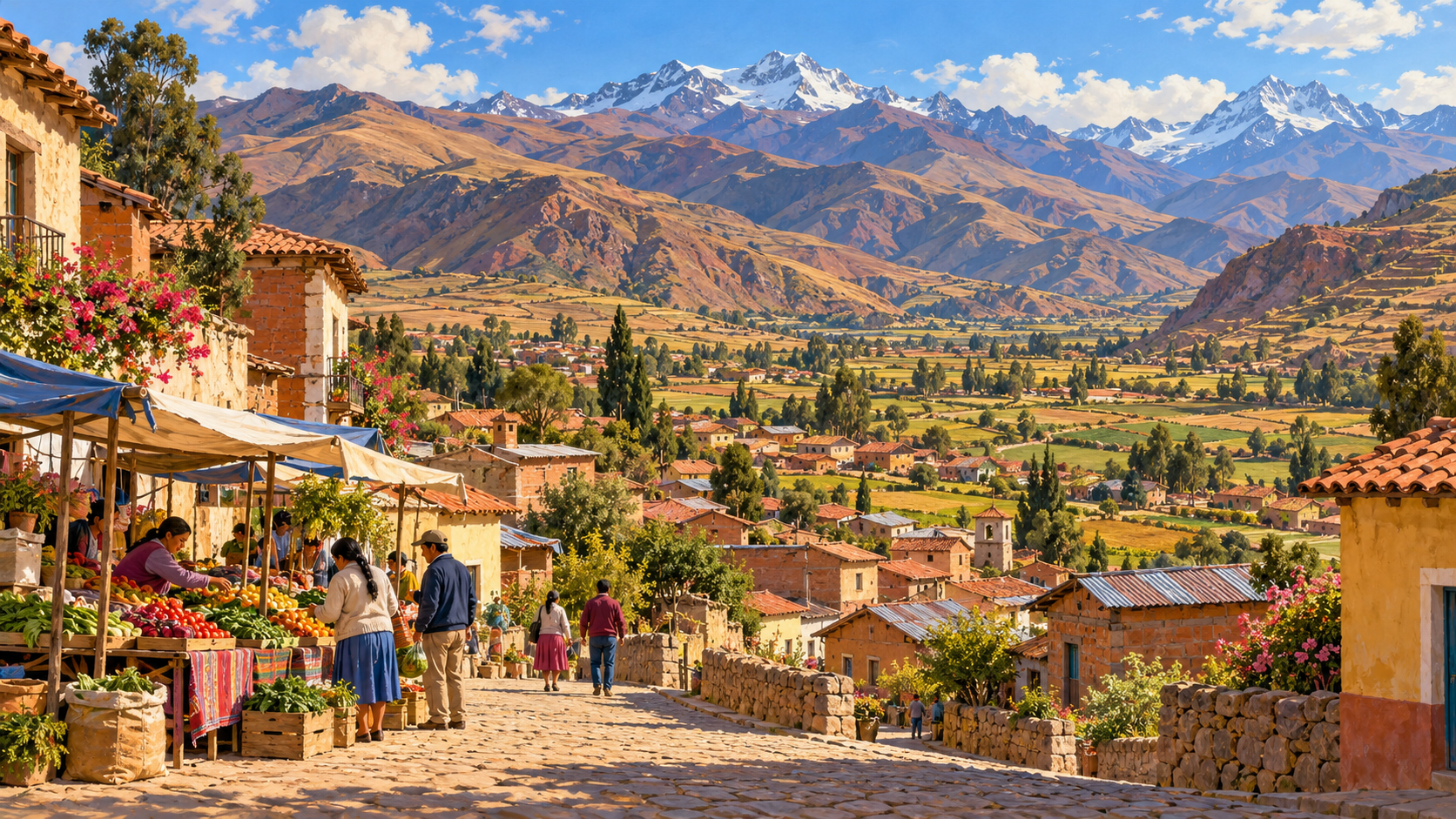 Painterly illustration of an Andean valley town with brick and ochre homes, a small produce market, cultivated fields and distant snow-tipped mountains.