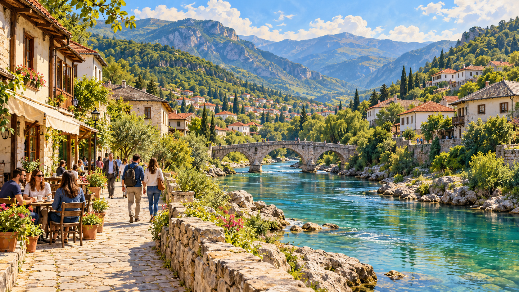 AI-generated painterly illustration of an imagined Bosnia and Herzegovina river-valley town, with a three-arch stone bridge, tiled-roof houses, wooded hills and people walking or sitting at a riverside café.