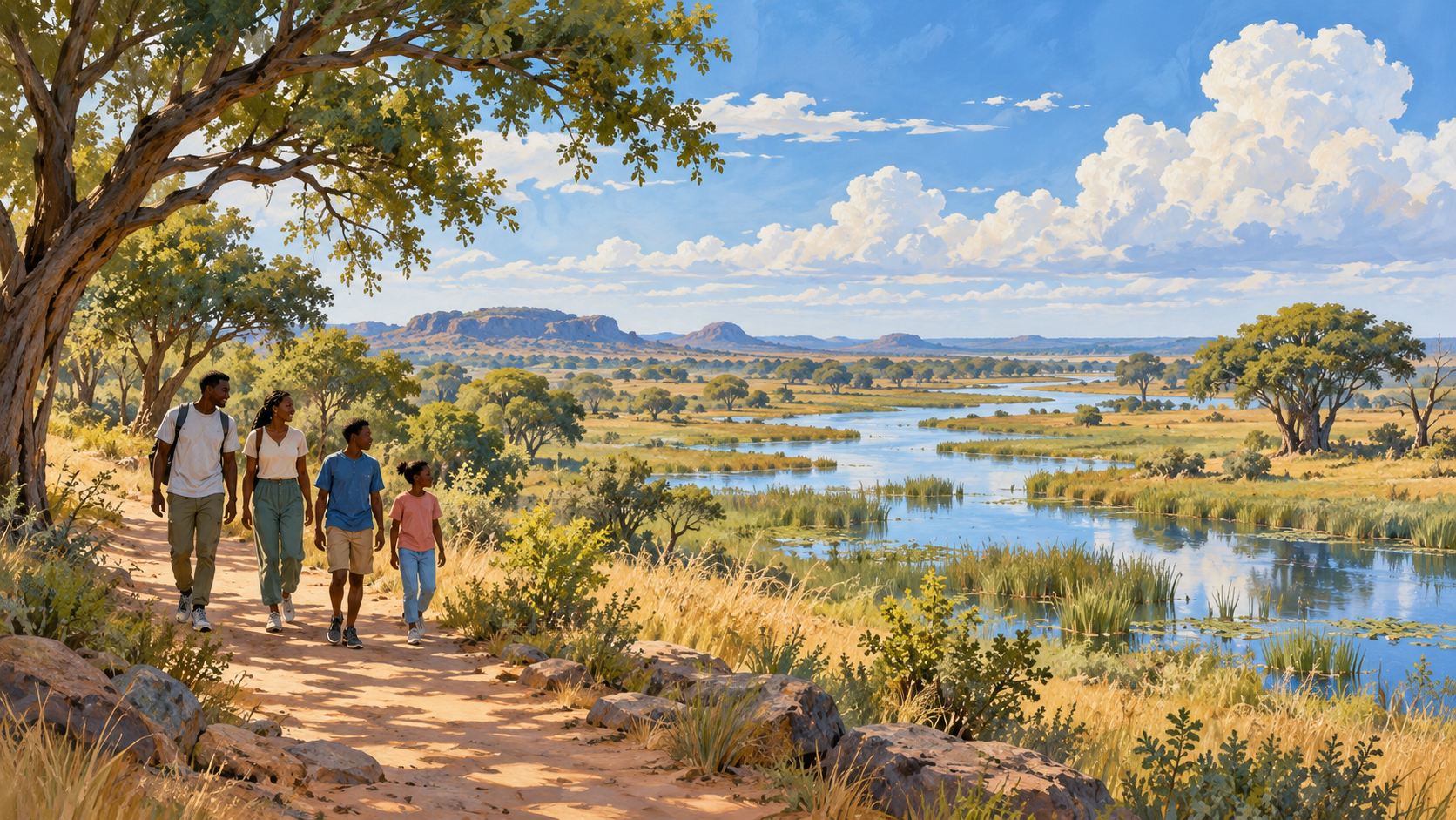 AI-generated painterly illustration of people walking beside an imagined Botswana-inspired wetland, with grasses, trees, distant hills and a broad blue sky.