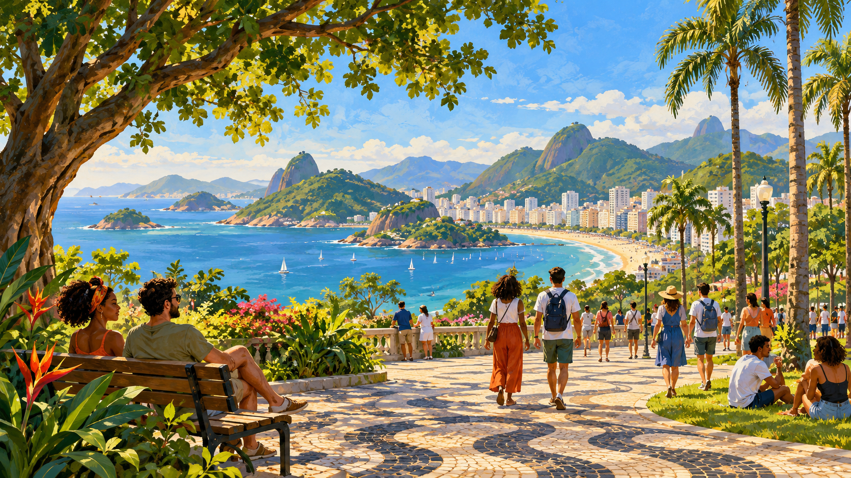 AI-generated painterly illustration of people enjoying a leafy park above an imagined Brazilian coastal city, with a blue bay, beaches, buildings and green hills.