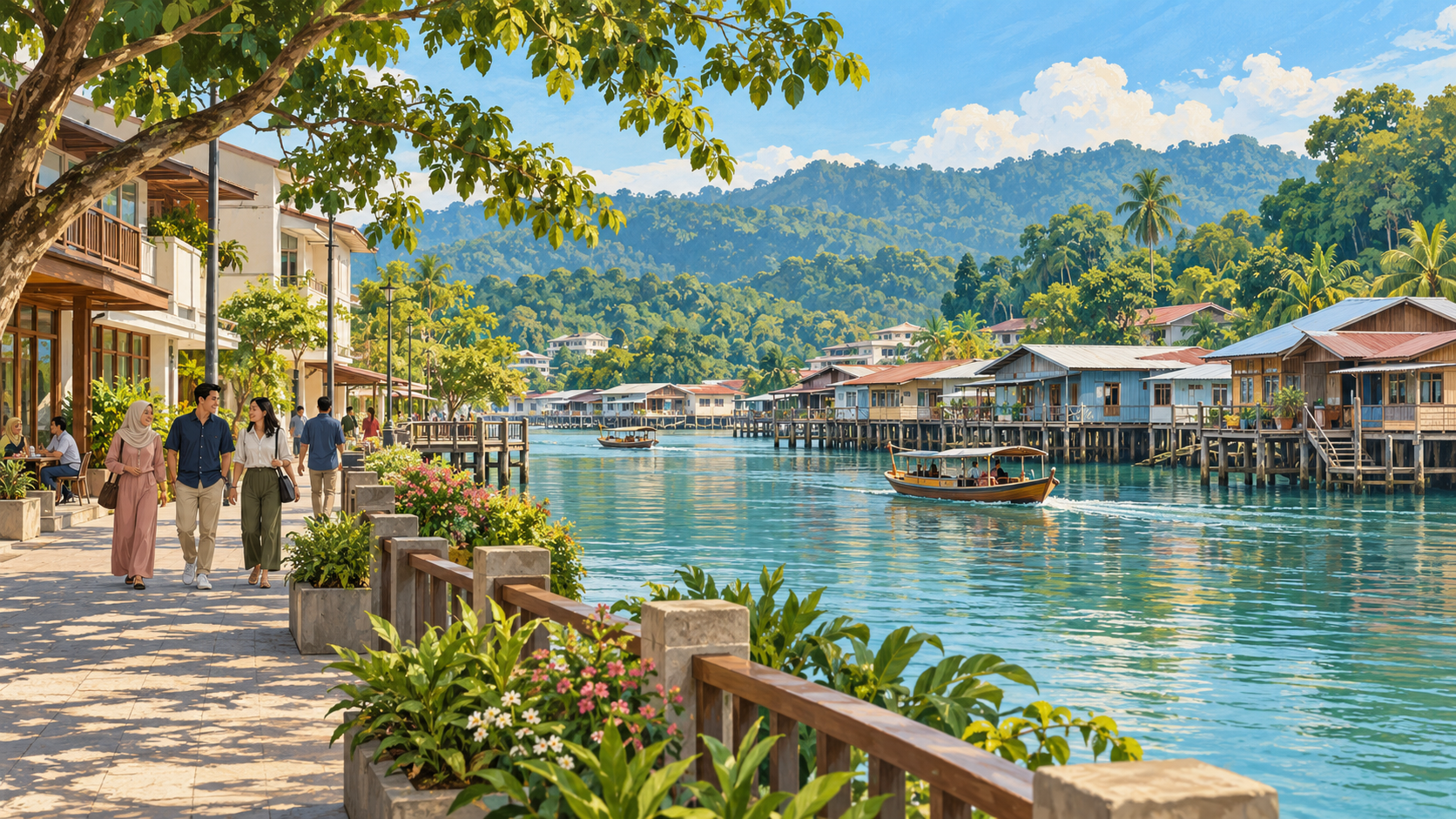 AI-generated painterly illustration of people on a shaded walkway beside an imagined Brunei-inspired riverfront, with stilt houses, boats, palms and forested hills.