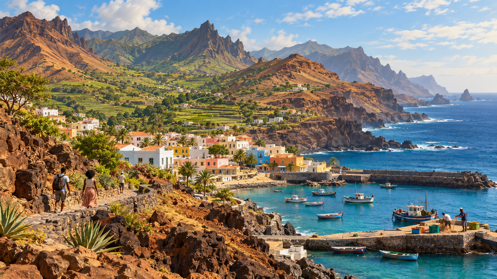 Illustration of a pastel coastal town, fishing harbour, cultivated green valley and dry volcanic ridges beside the Atlantic.
