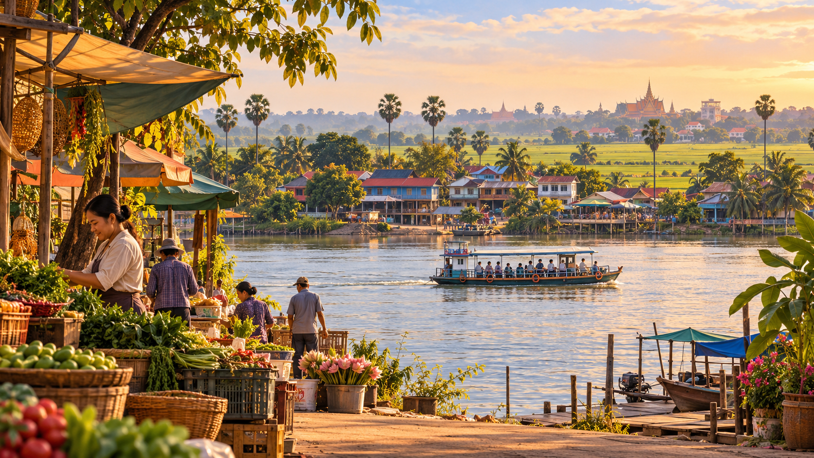 Illustration of a riverside produce market, passenger boat, contemporary homes, rice fields and sugar palms.