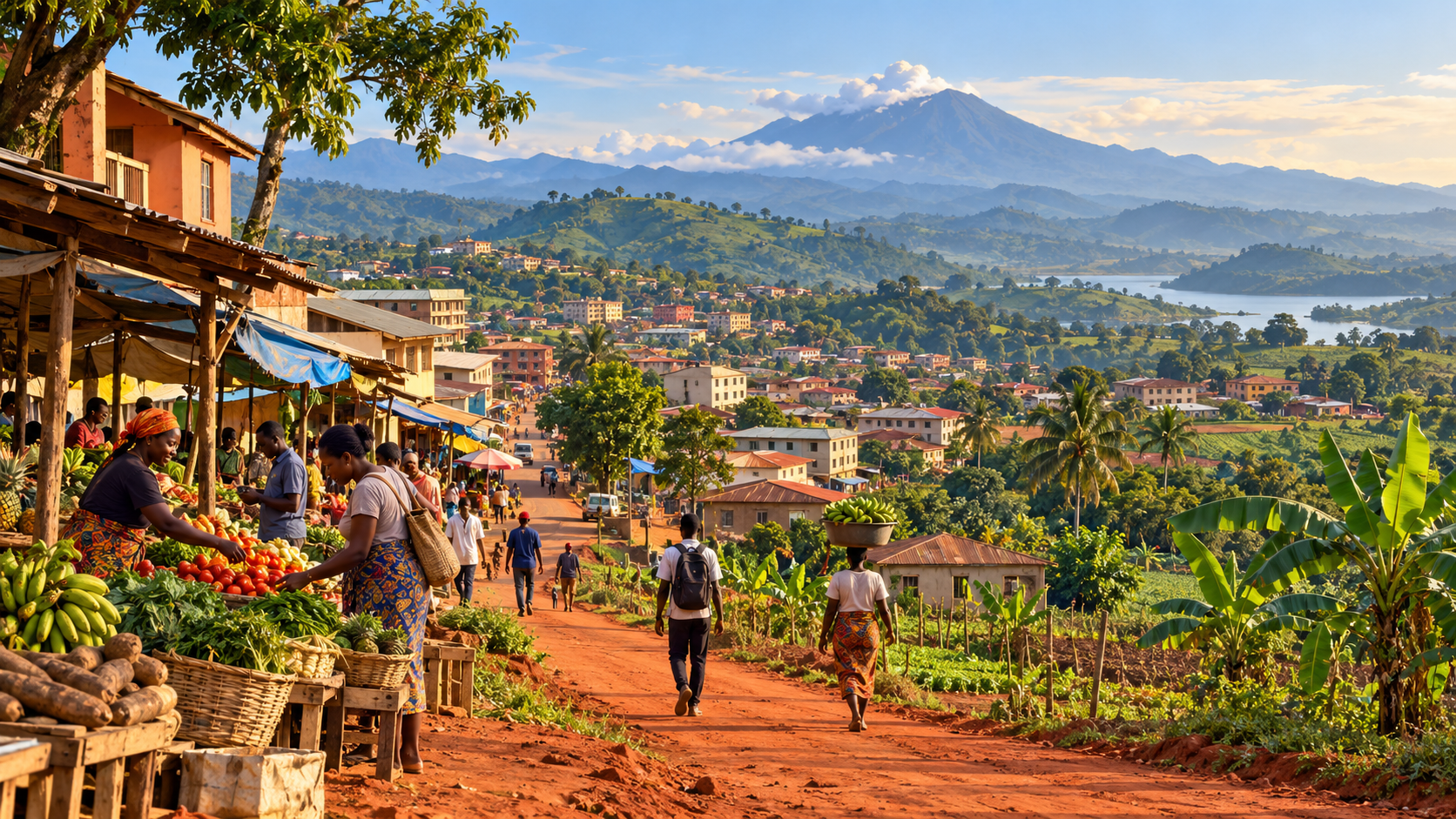 Illustration of a produce market, contemporary town, green cultivated hills and a distant mountain.