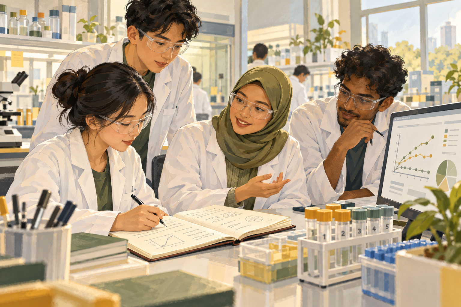 Original illustration of university researchers discussing a laboratory notebook, sample containers and an abstract chart; not an actual study or result.