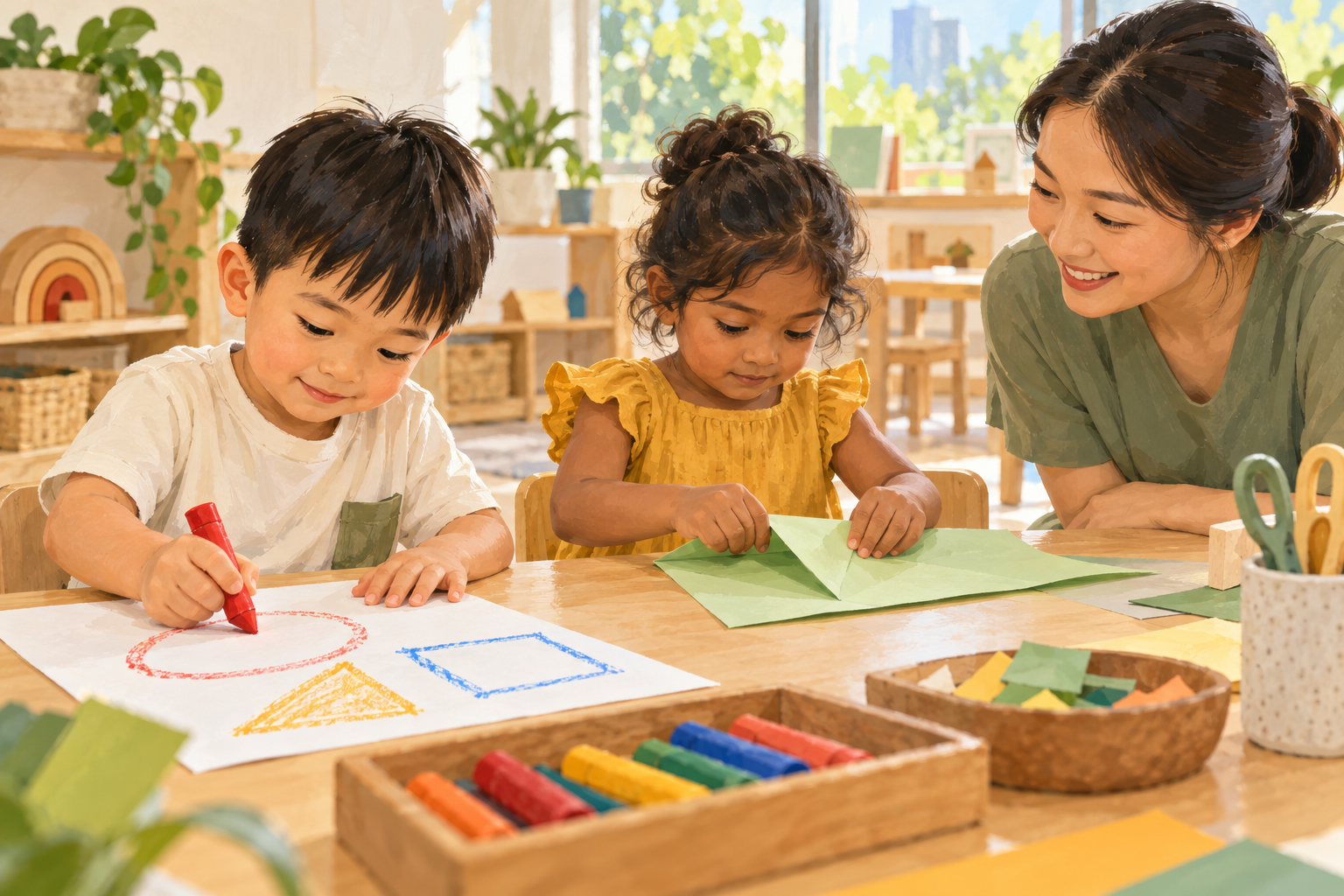 Original illustration of preschool children drawing and folding paper with an attentive teacher; not a photograph of a specific kindergarten.