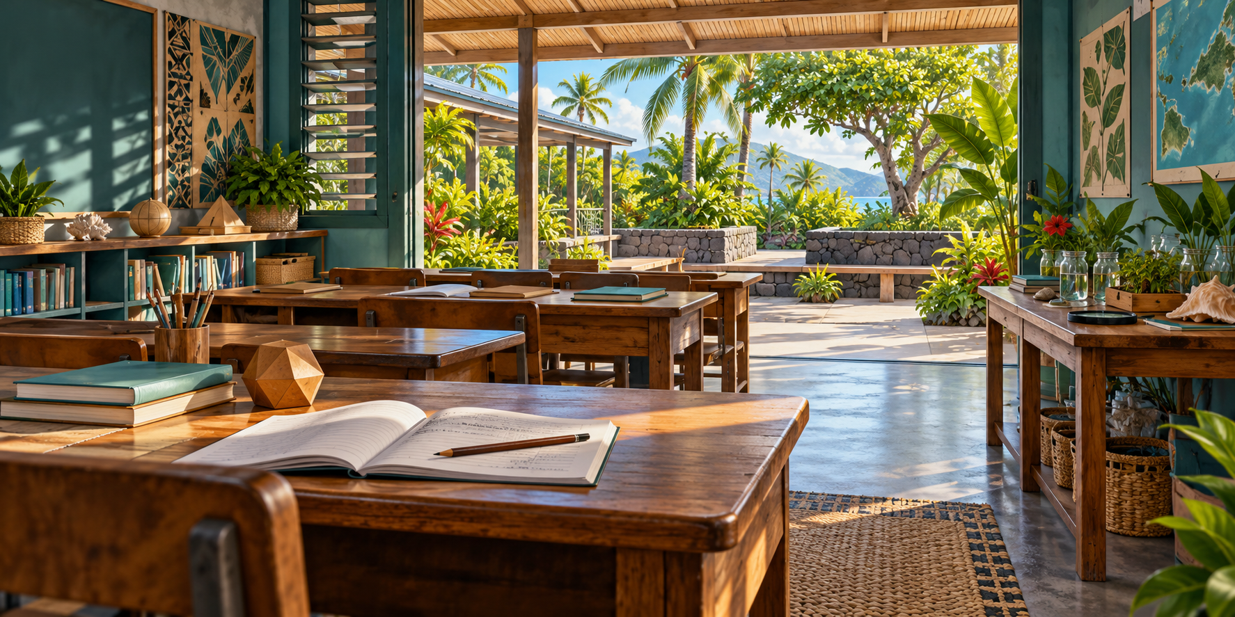 AI-generated illustration of an imagined shaded learning room with notebooks, books and geometric models beside a tropical courtyard.