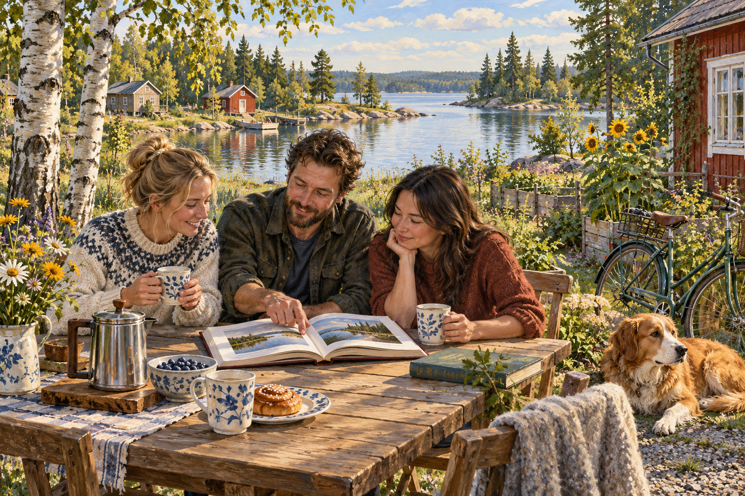 AI-generated nonliteral illustration of three adults sharing a book at a Finland-inspired lakeside garden table, with coffee cups, a bicycle and a resting dog.