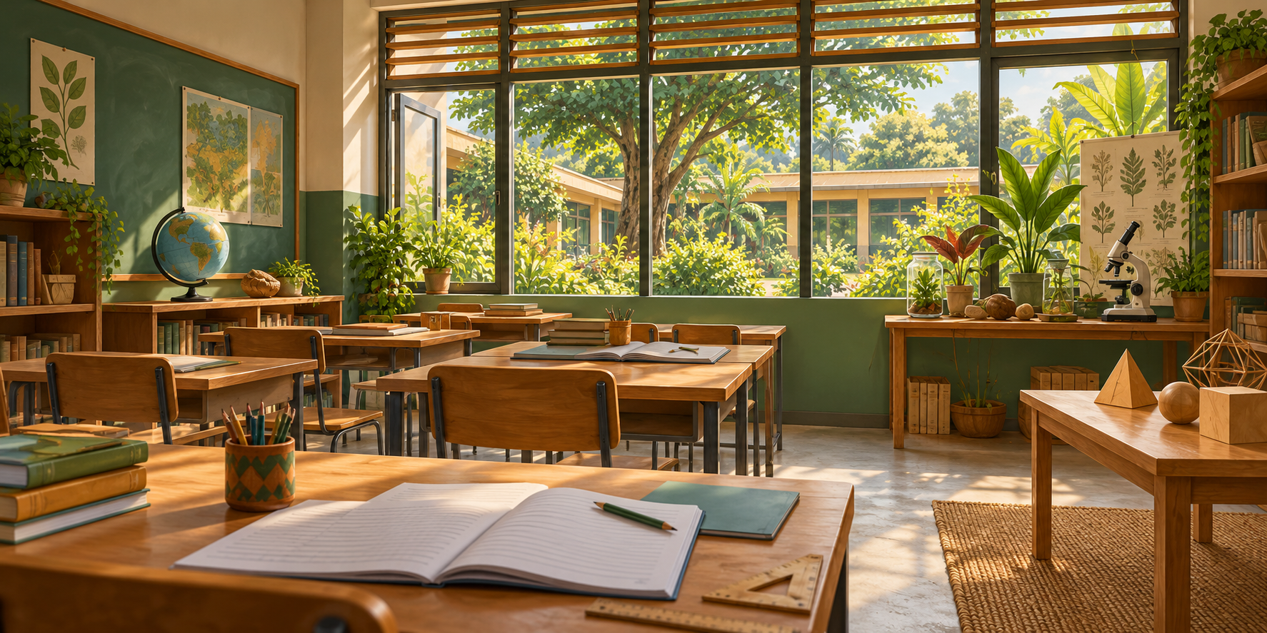 AI-generated illustration of an imagined learning room with notebooks, books and geometry models beside a lush courtyard.