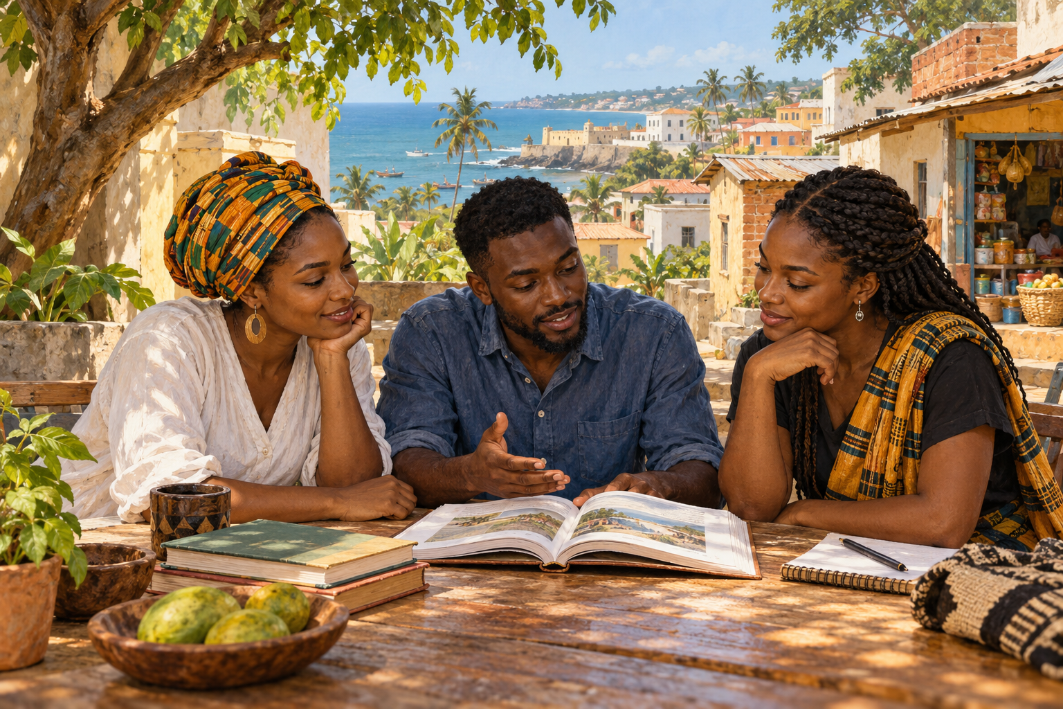 AI-generated nonliteral illustration of three adults sharing an open book at a shaded courtyard table in an imagined Ghanaian-inspired coastal town.