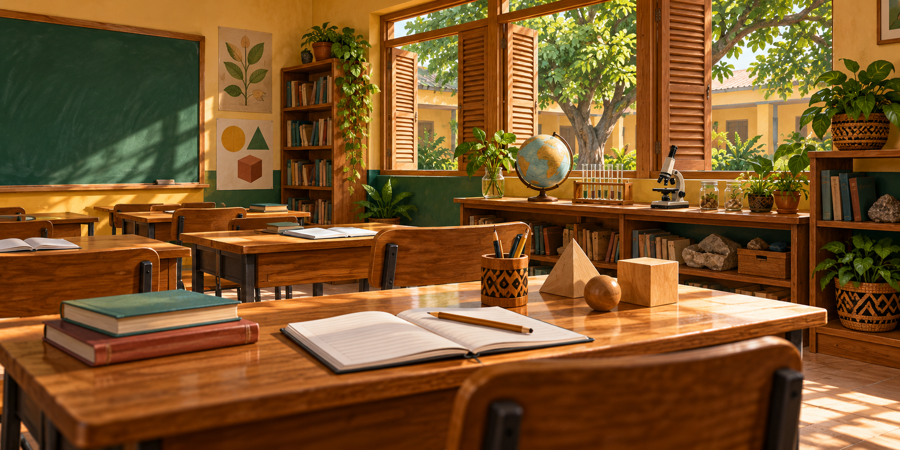 AI-generated illustration of an imagined learning room with books, notebooks, geometric models and science equipment beside a courtyard.
